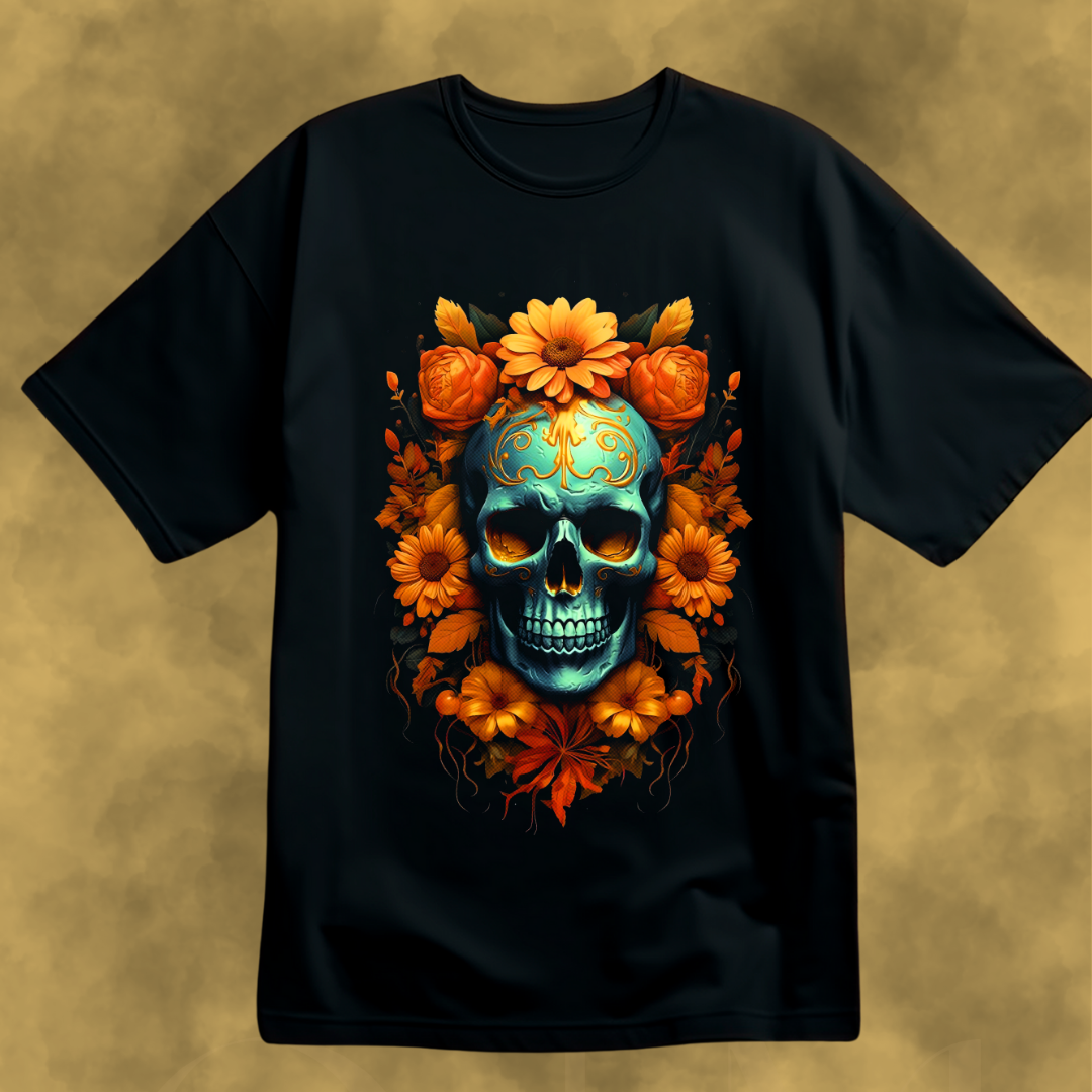 ORANGE FLORAL SKULL TEE