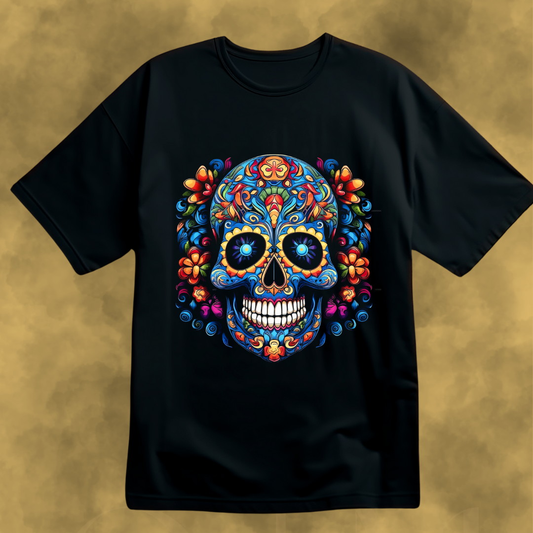 BLUE FLORAL SKULL TEE